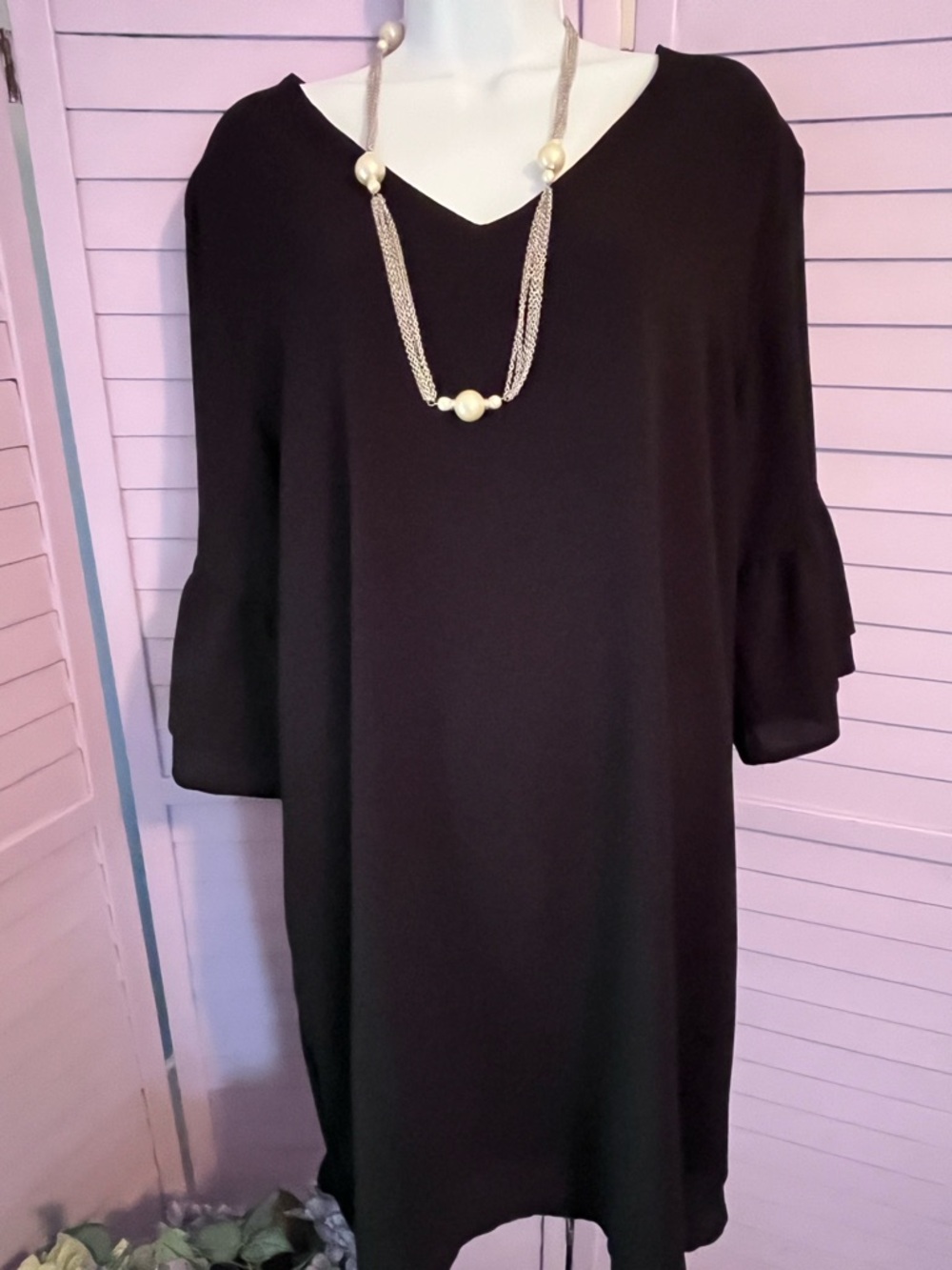Women's Black V-Neck Shift Dress. Classic lines. Lined. Necklace sold separately